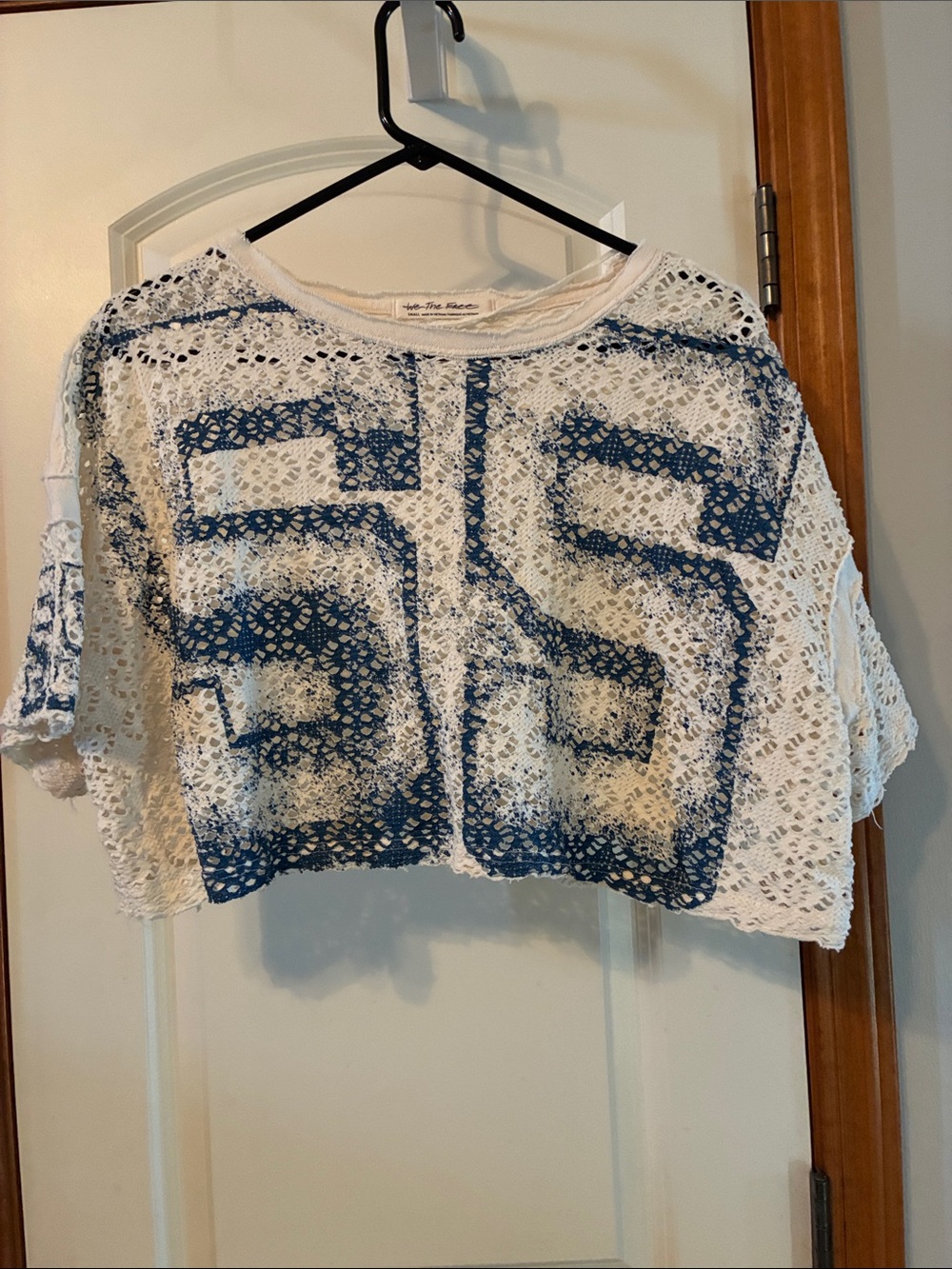 Free People White Crochet Crop Top with Blue '55' Graphic